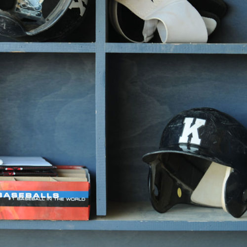 baseball helmet in dugout