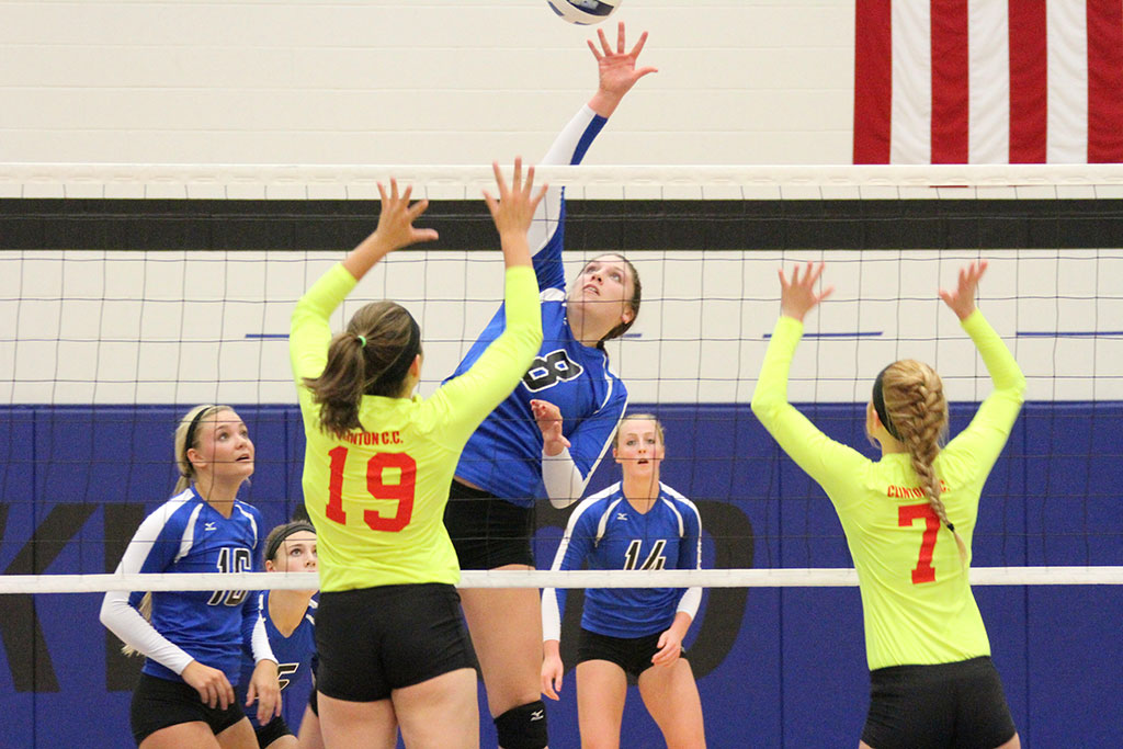 Kirkwood’s Becca Bell spikes the ball versus Clinton